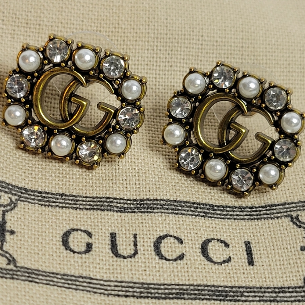 Gucci Gold Earrings with Crystal and Pearl Accents